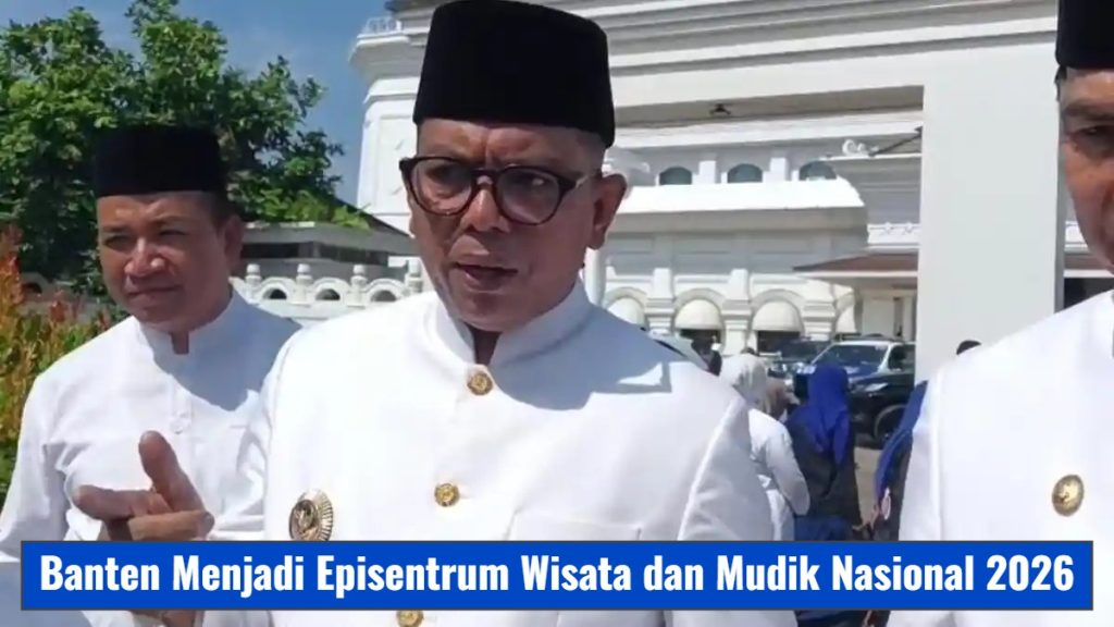 Gubernur Banten Andra Soni saat memberikan keterangan pers mengenai kesiapan wisata Lebaran 2026 di Serang.