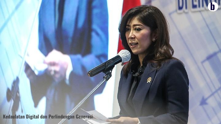 Ilustrasi grafis perlindungan anak di dunia digital dengan latar belakang gedung kementerian dan perangkat gawai yang terkunci secara aman.