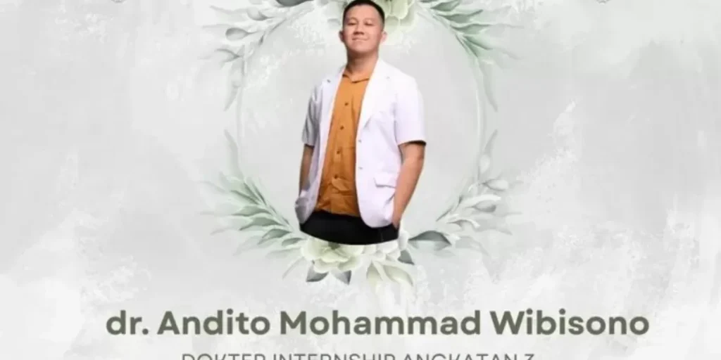 Foto penghormatan terakhir untuk dokter muda dengan latar belakang fasilitas kesehatan dan infografis pencegahan campak pada orang dewasa.