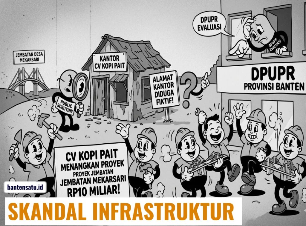 Ilustrasi papan proyek pembangunan jembatan dengan latar belakang kantor dinas yang sepi.