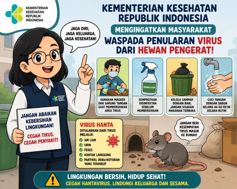 nfografis sebaran kasus Hantavirus di berbagai provinsi di Indonesia tahun 2026.Keterangan Foto: Petugas kebersihan mengenakan masker saat membersihkan area selokan guna meminimalisir risiko penularan virus melalui partikel debu dan kotoran tikus.