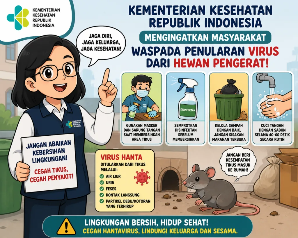 nfografis sebaran kasus Hantavirus di berbagai provinsi di Indonesia tahun 2026.Keterangan Foto: Petugas kebersihan mengenakan masker saat membersihkan area selokan guna meminimalisir risiko penularan virus melalui partikel debu dan kotoran tikus.