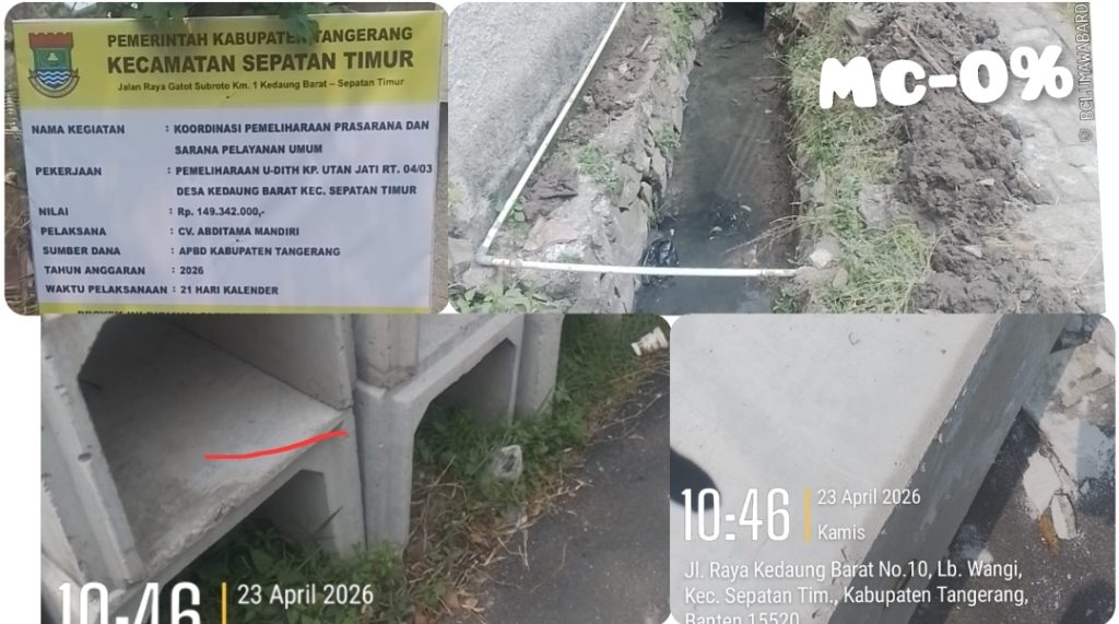 Pekerjaan saluran drainase U-Ditch di Desa Kedaung Barat Sepatan Timur yang diduga dikerjakan tidak sesuai spesifikasi teknis dan tanpa pondasi mortar.