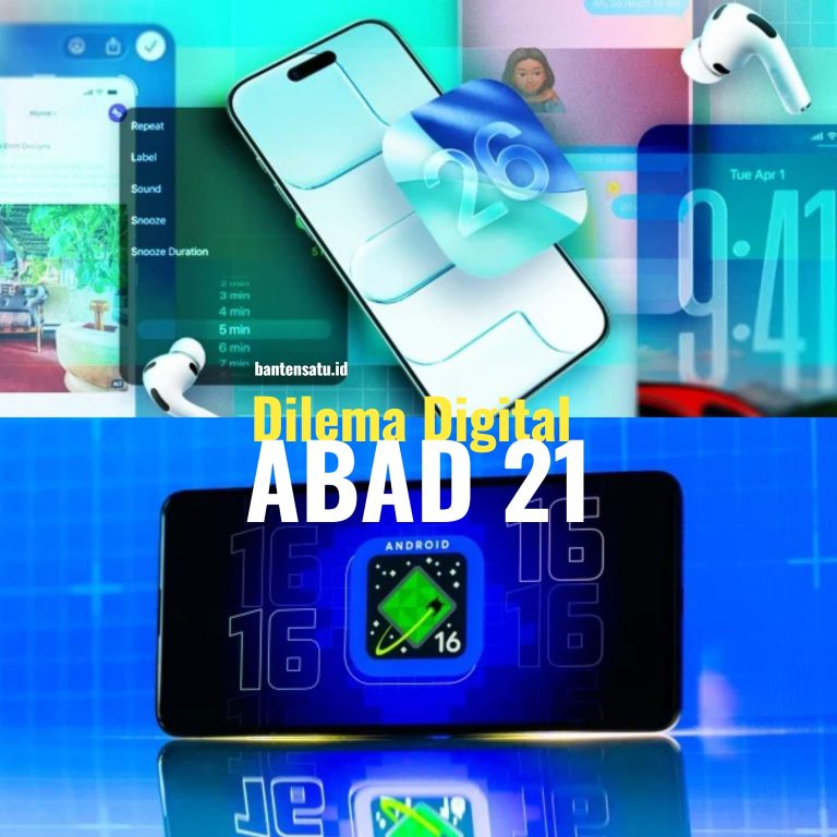 Ilustrasi komparasi visual sejajar antara layar beranda smartphone Android dengan kustomisasi widget dinamis dan layar minimalis iPhone iOS.
