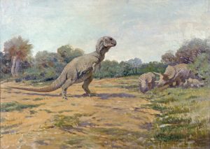 Ilustrasi rekonstruksi digital terbaru seekor Tyrannosaurus rex dengan postur tubuh horizontal dan lapisan bulu halus di punggungnya.