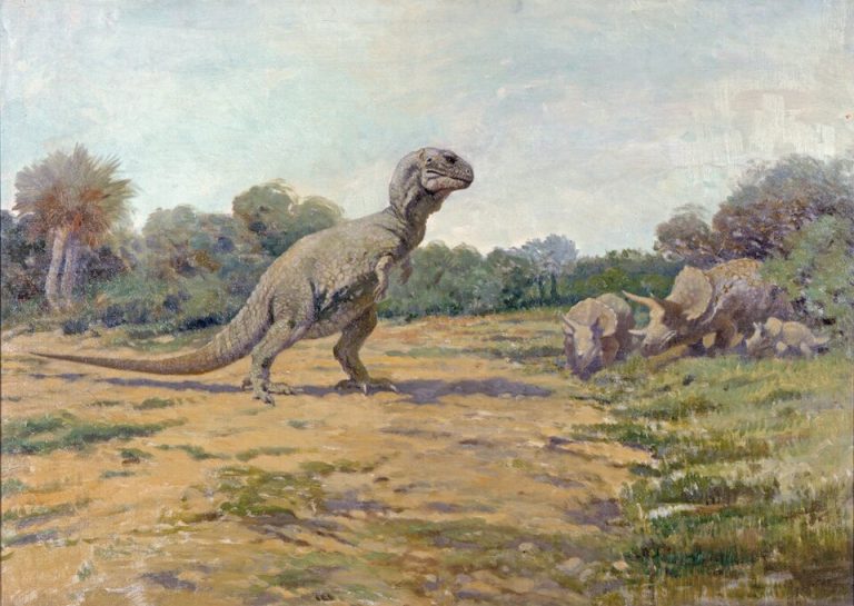 Ilustrasi rekonstruksi digital terbaru seekor Tyrannosaurus rex dengan postur tubuh horizontal dan lapisan bulu halus di punggungnya.